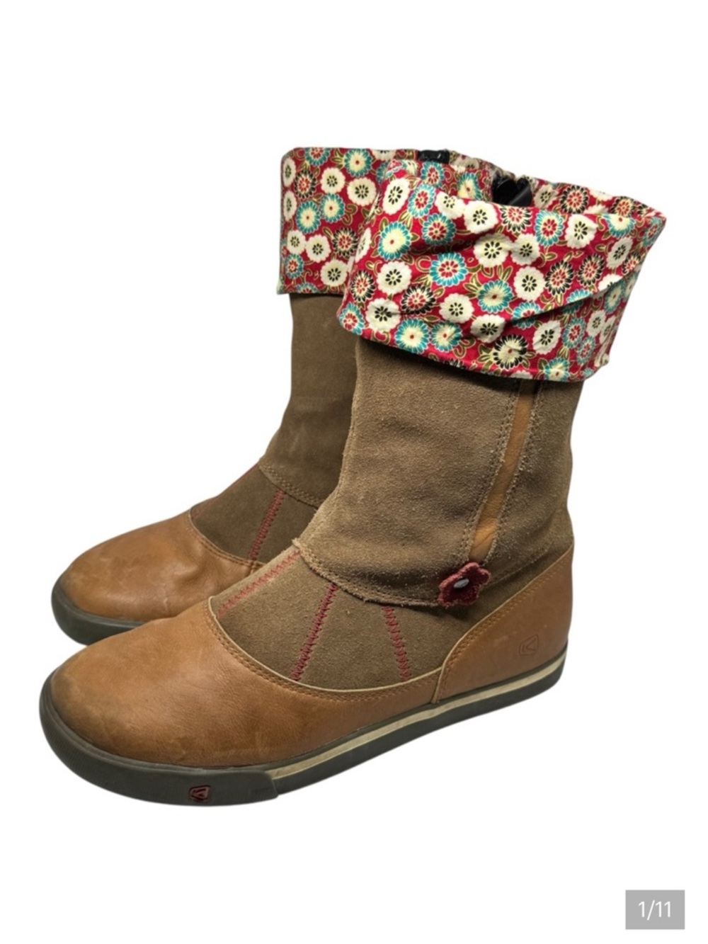 Keen brown leather and suede boots colorful floral patterned cuff. Size 39 EU